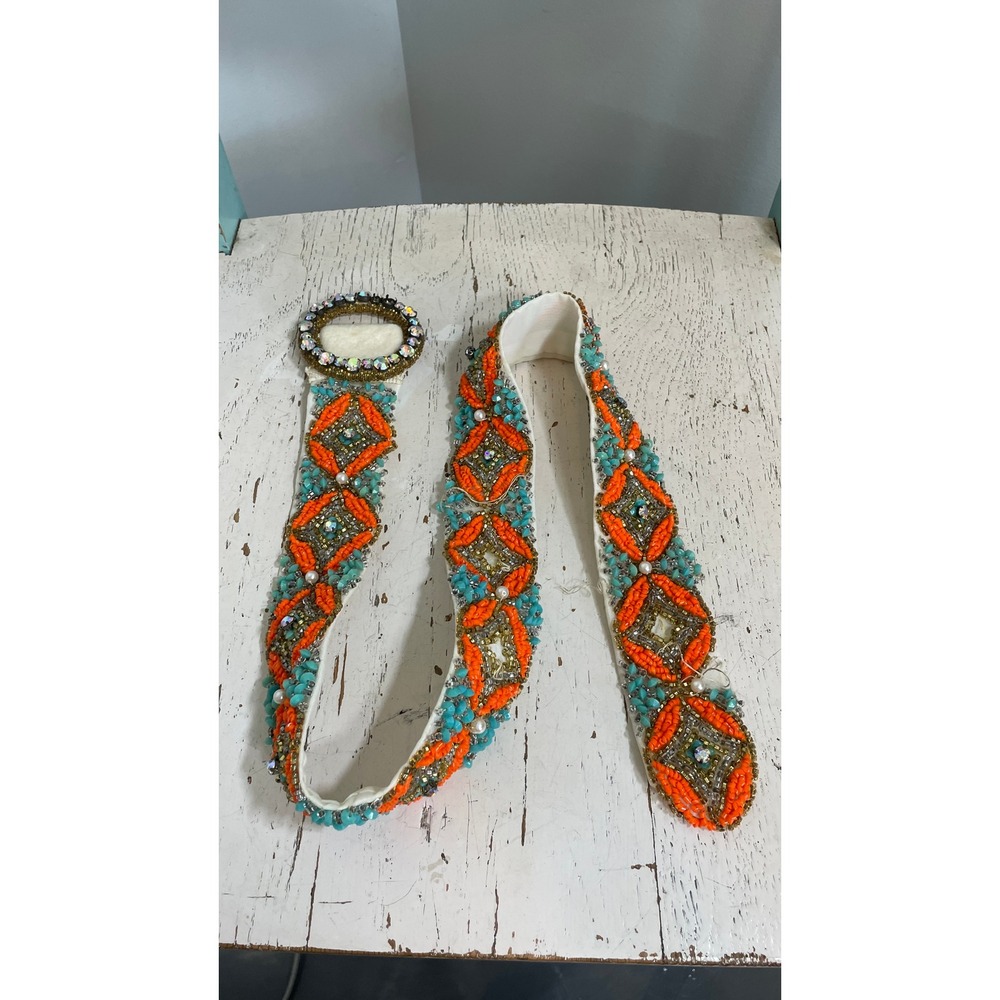 VTG Hand Beaded Navajo Statement Belt Orange Turquoise Rhinestone 32in Boho FLAW
